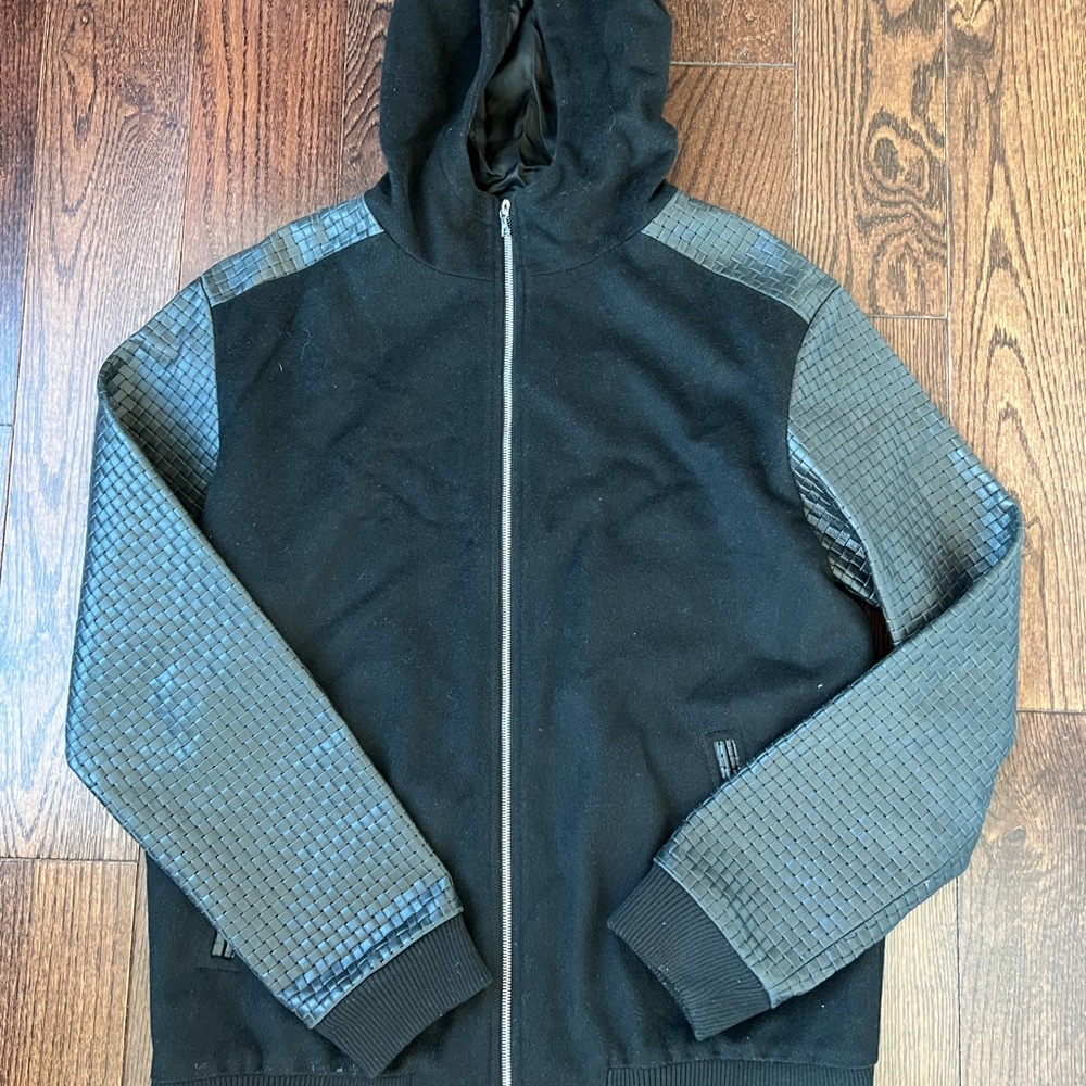 All Black 3-W-Y Brand zip hoodie with genuine leather sleeves!